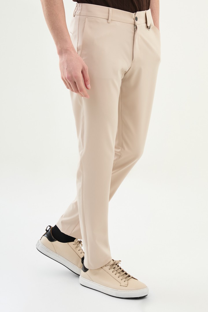 Beige Color Belted Design Casual Men's Cotton Pants