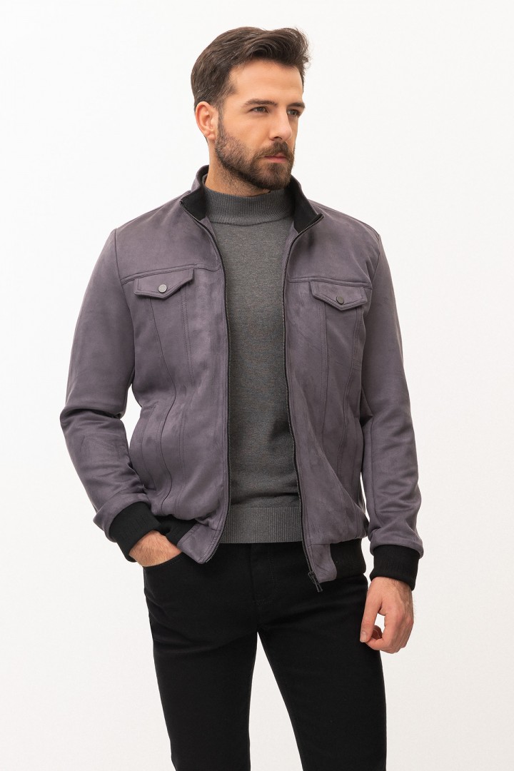 Smoked Color Suede Fabric Flap Pocket Design Casual Men's Jacket