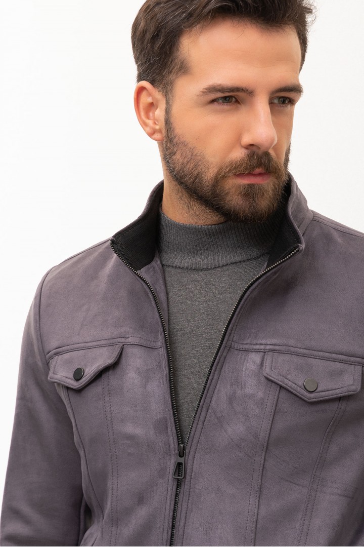 Smoked Color Suede Fabric Flap Pocket Design Casual Men's Jacket