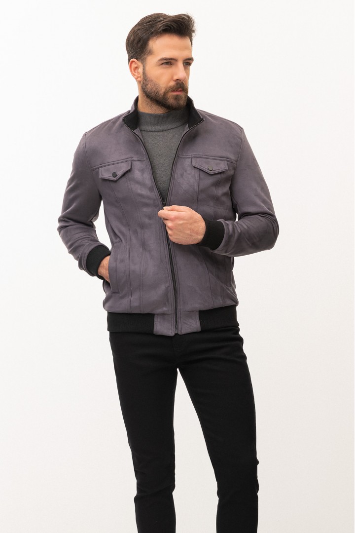 Smoked Color Suede Fabric Flap Pocket Design Casual Men's Jacket