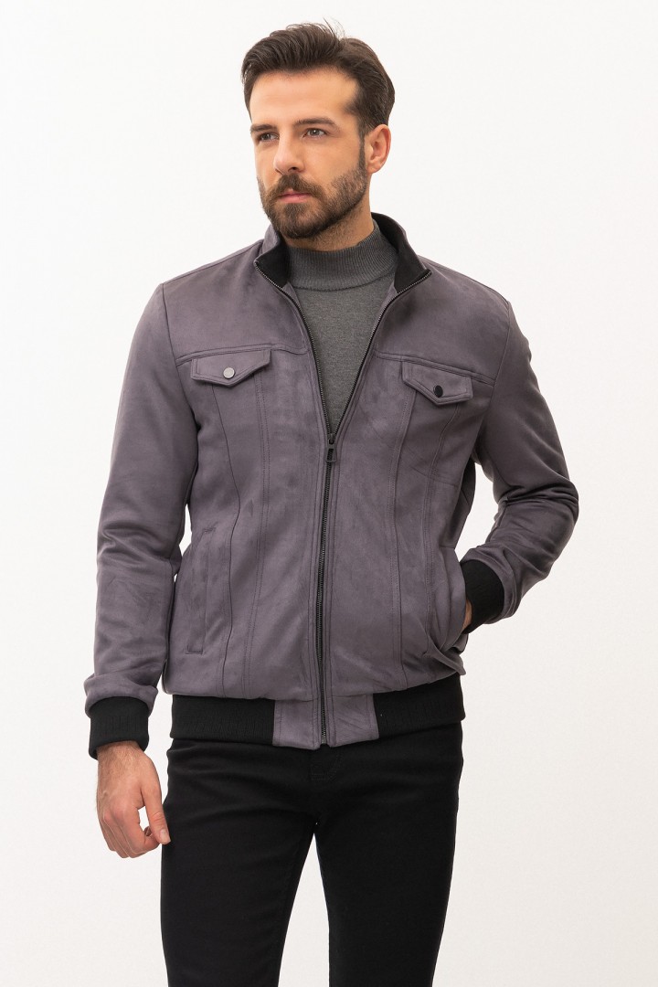 Smoked Color Suede Fabric Flap Pocket Design Casual Men's Jacket
