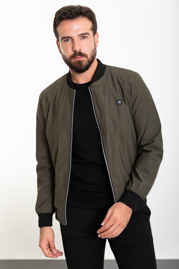 Khaki Color Mandaric Collar Casual Men's Jacket