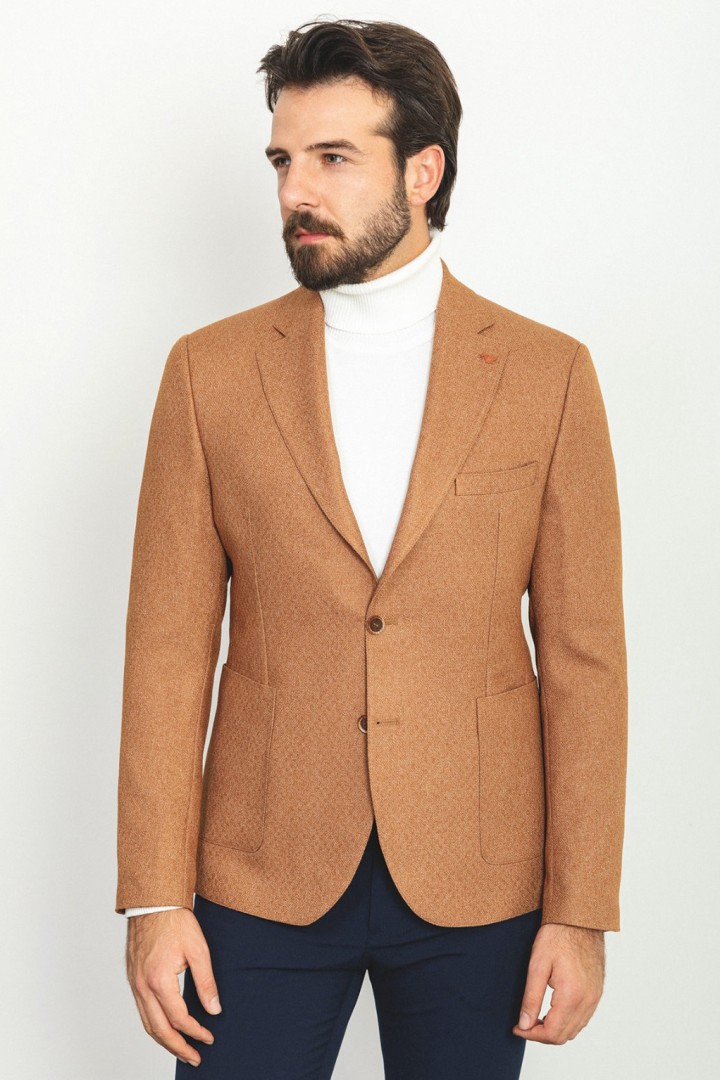 Camel Color Wool Viscose And Elastane Sayette Fabric With Dobby Detail Casual Men's Blazer