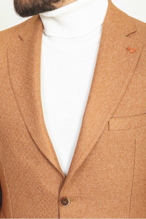 Camel Color Wool Viscose And Elastane Sayette Fabric With Dobby Detail Casual Men's Blazer