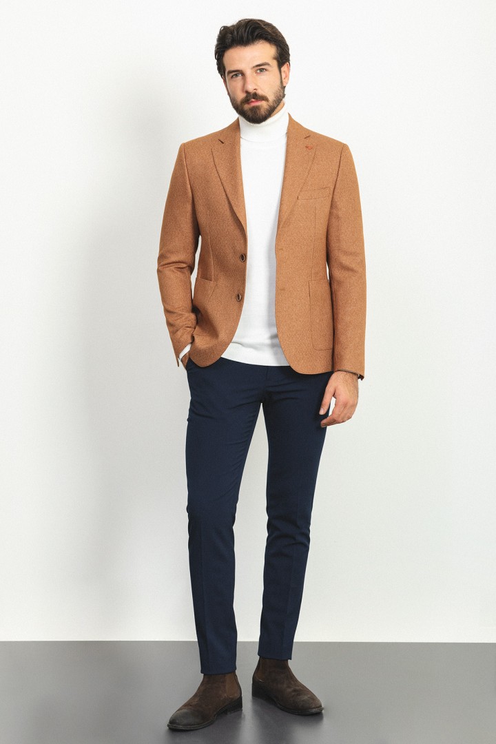 Camel Color Wool Viscose And Elastane Sayette Fabric With Dobby Detail Casual Men's Blazer