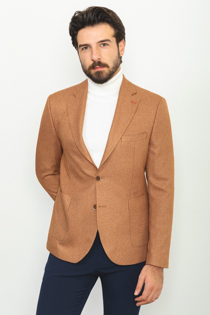 Camel Color Wool Viscose And Elastane Sayette Fabric With Dobby Detail Casual Men's Blazer