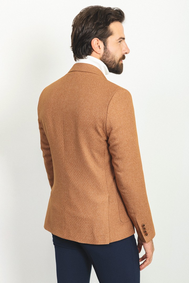 Camel Color Wool Viscose And Elastane Sayette Fabric With Dobby Detail Casual Men's Blazer