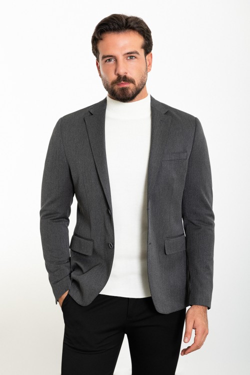 Anthracite Color Wool And Viscose Fabric With Flap Pocket Detail Basic Men's Blazer