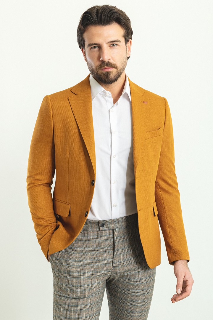Camel Color Cotton Fabric With Dobby Design Casual Men's Blazer