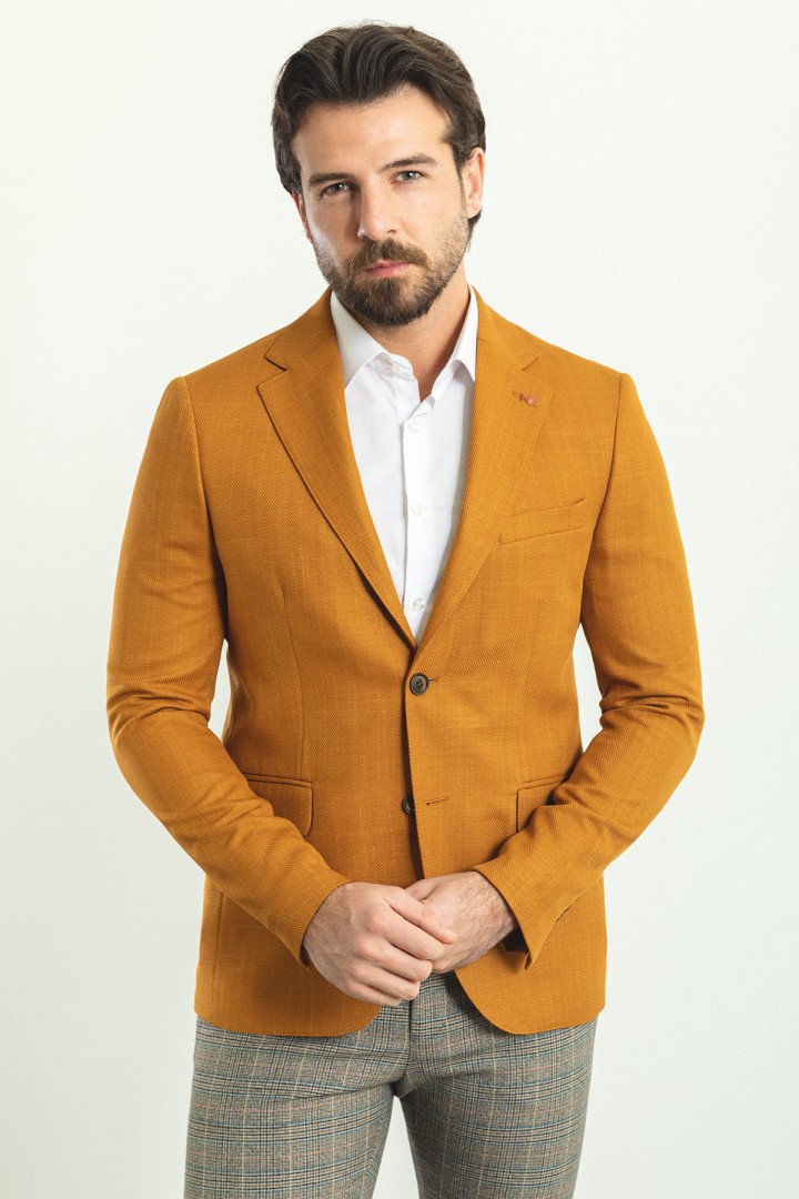 Camel Color Cotton Fabric With Dobby Design Casual Men's Blazer