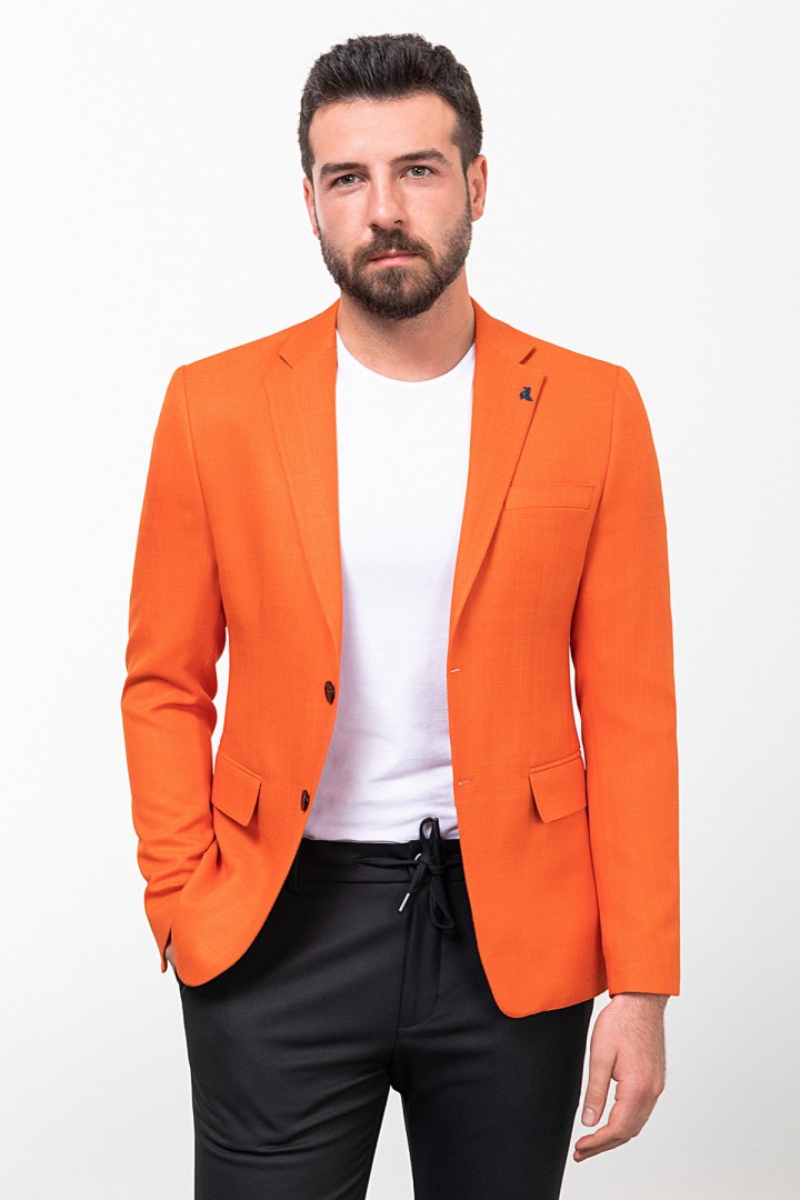 Orange Color Cotton Fabric With Dobby Design And Mono Collar Detail Casual Men's Blazer