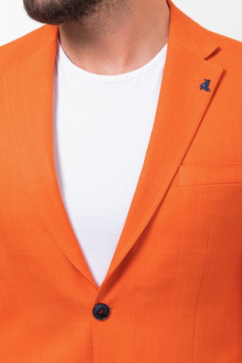 Orange Color Cotton Fabric With Dobby Design And Mono Collar Detail Casual Men's Blazer