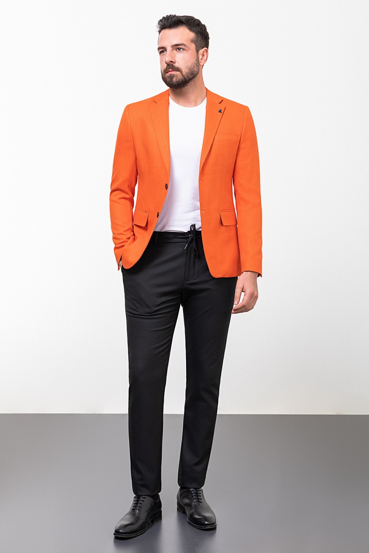 Orange Color Cotton Fabric With Dobby Design And Mono Collar Detail Casual Men's Blazer