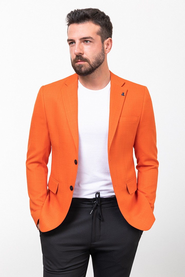 Orange Color Cotton Fabric With Dobby Design And Mono Collar Detail Casual Men's Blazer