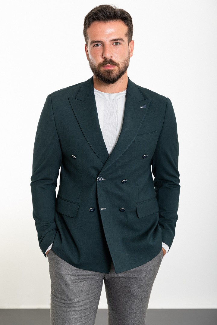 Emerald Color Double Breasted Design Casual Men's Cotton Blazer