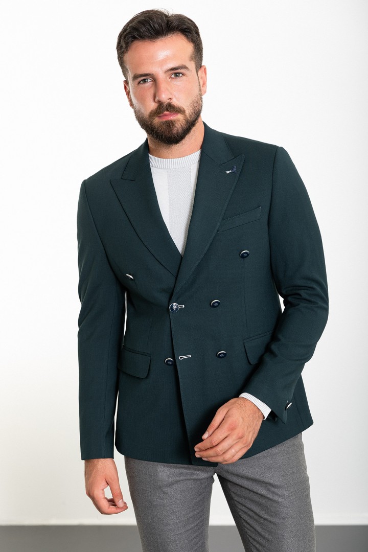 Emerald Color Double Breasted Design Casual Men's Cotton Blazer
