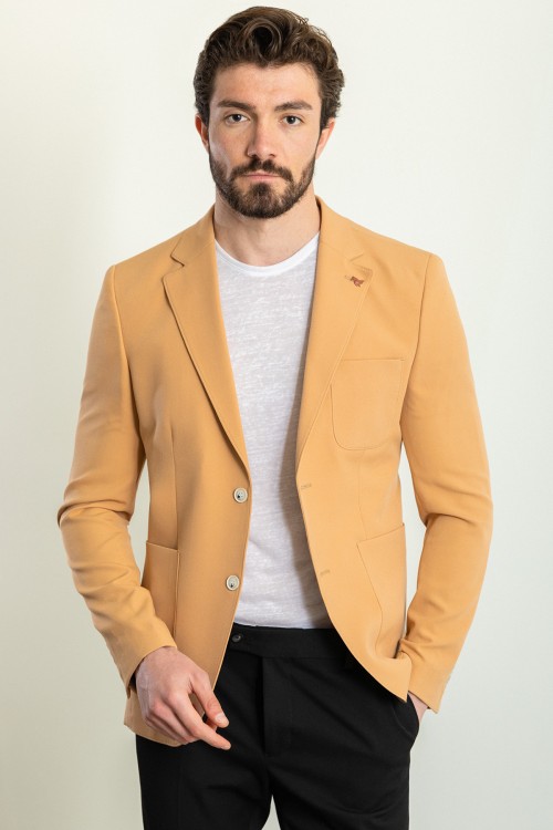 Camel Color Wool And Viscose Fabric With Hanging Pocket Detail Casual Men's Blazer