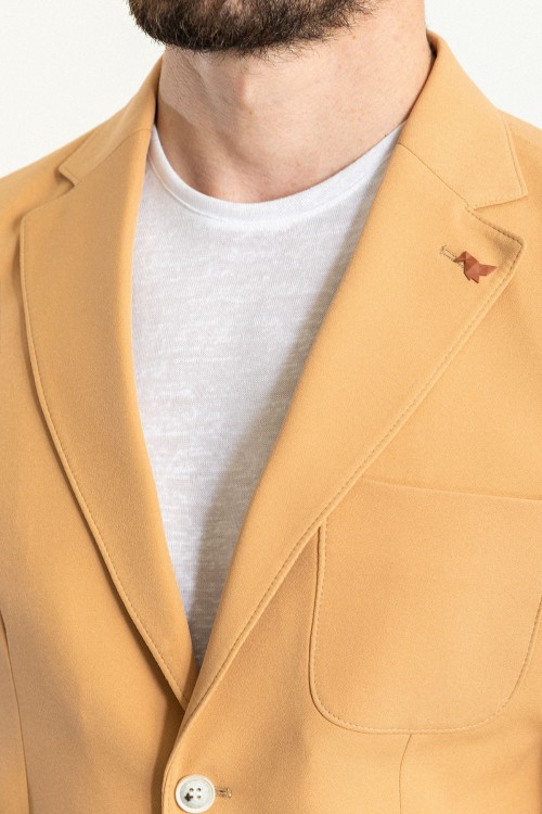 Camel Color Wool And Viscose Fabric With Hanging Pocket Detail Casual Men's Blazer