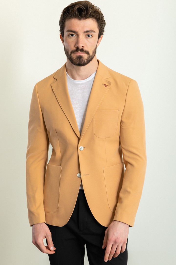 Camel Color Wool And Viscose Fabric With Hanging Pocket Detail Casual Men's Blazer