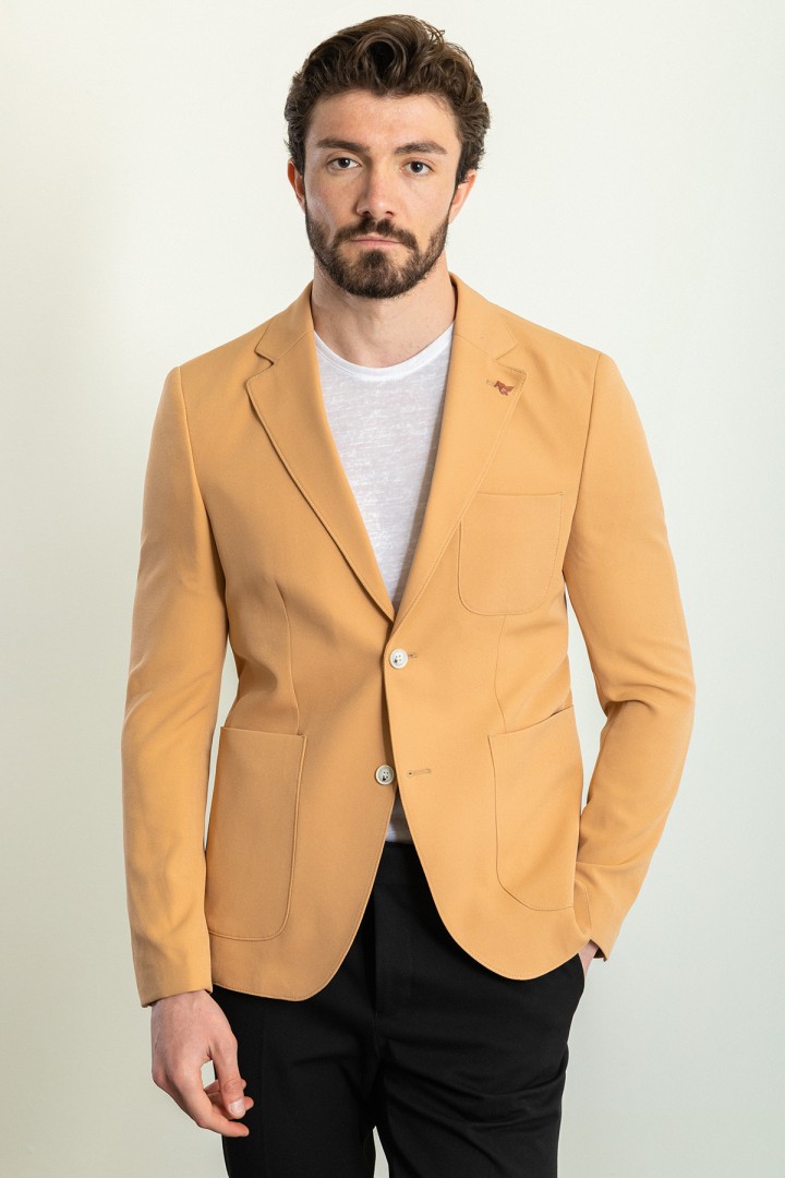 Camel Color Wool And Viscose Fabric With Hanging Pocket Detail Casual Men's Blazer
