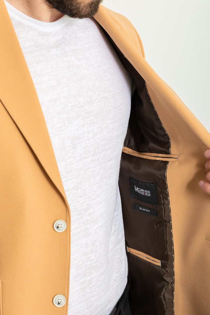 Camel Color Wool And Viscose Fabric With Hanging Pocket Detail Casual Men's Blazer