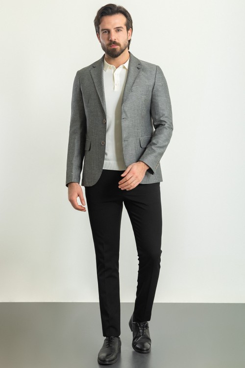 Black Color Cotton And Linen Fabric With Gingham Design Casual Men's Blazer