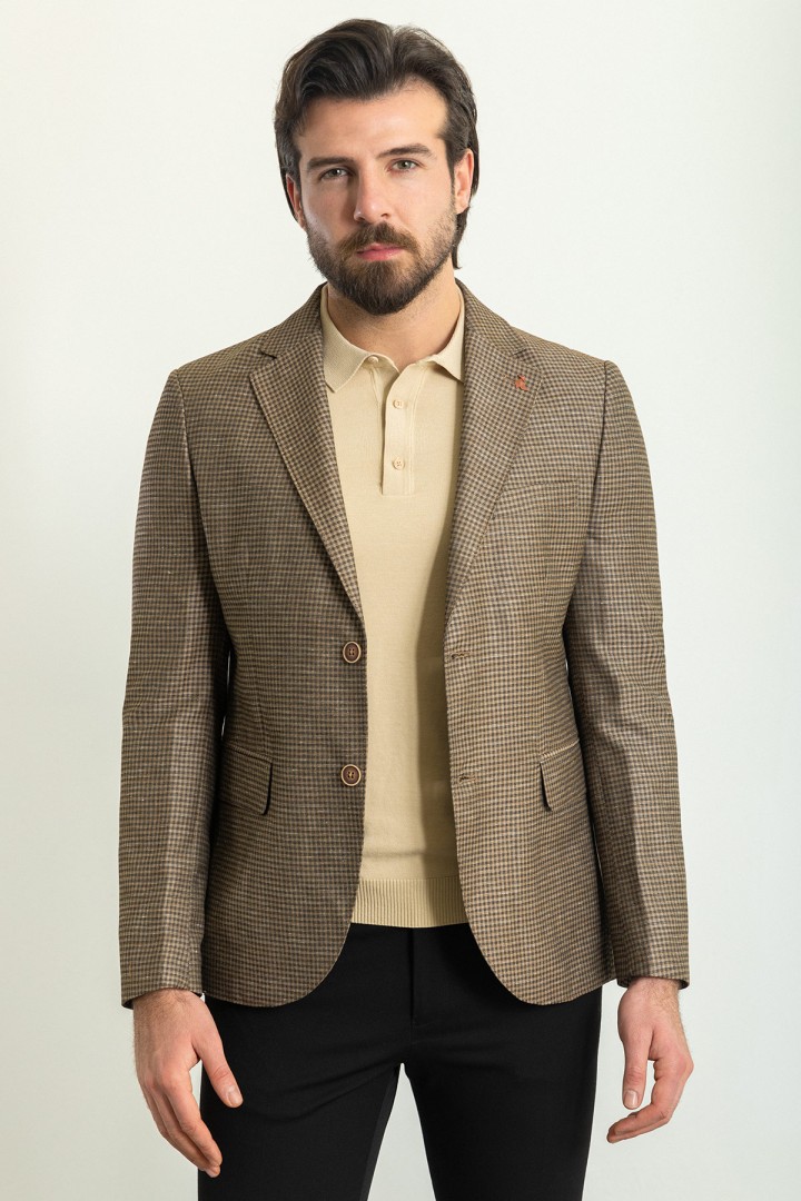 Brown Color Cotton And Linen Fabric With Gingham Design Casual Men's Blazer