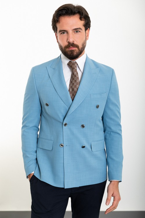 Blue Color Double Breasted Design Casual Linen Men's Blazer