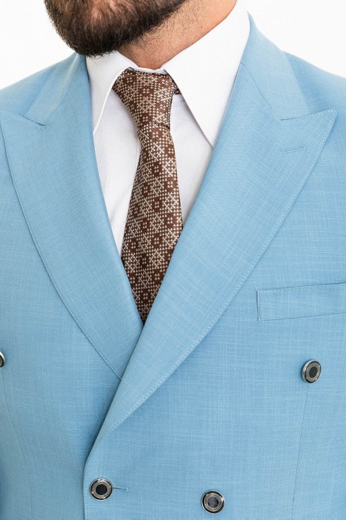 Blue Color Double Breasted Design Casual Linen Men's Blazer