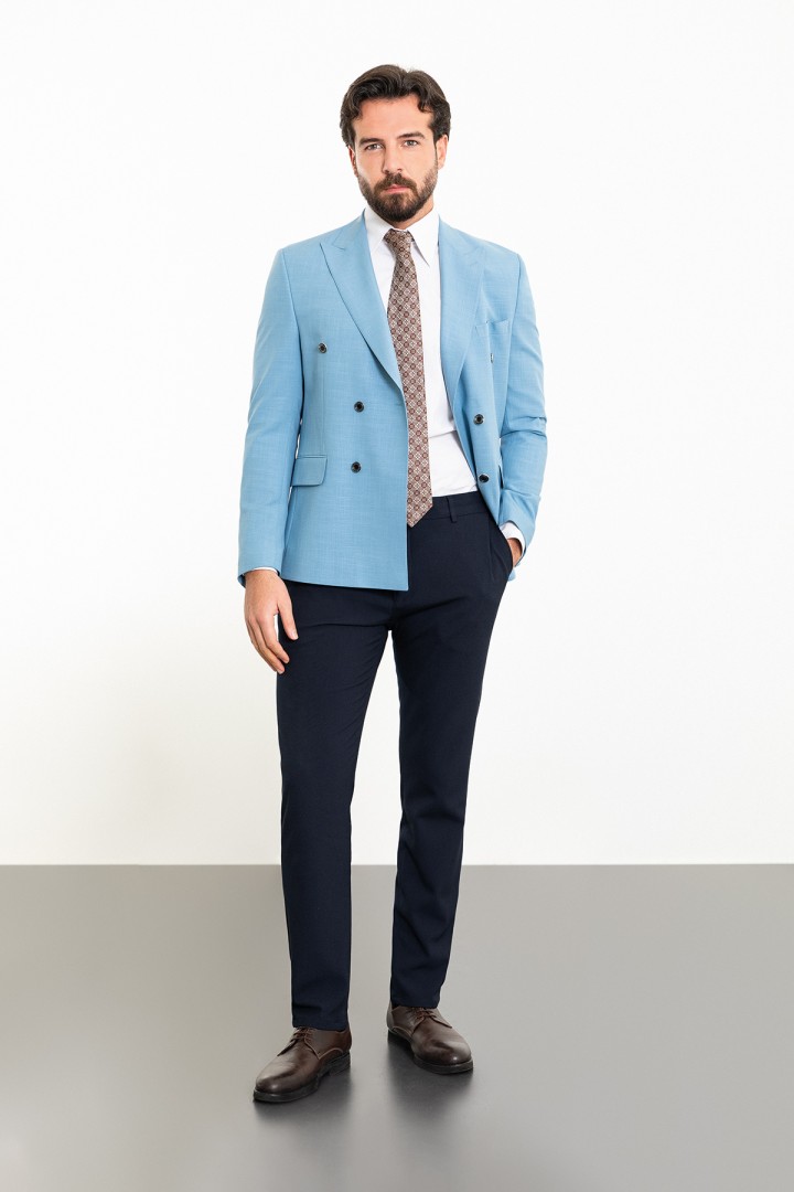 Blue Color Double Breasted Design Casual Linen Men's Blazer