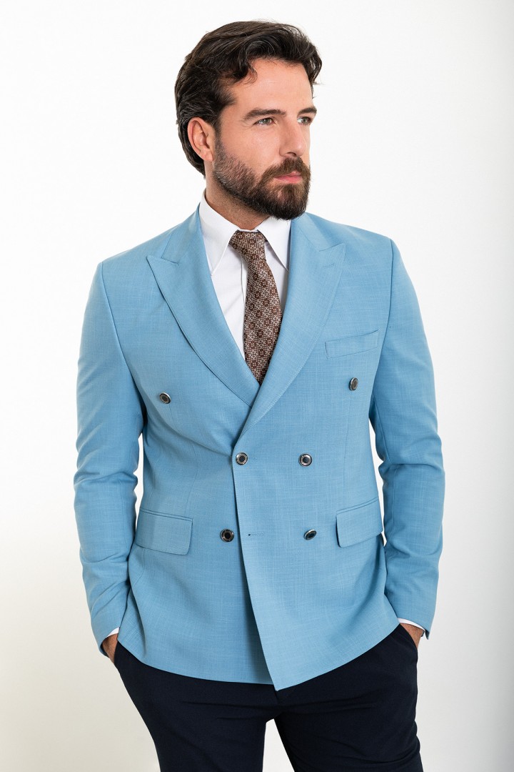 Blue Color Double Breasted Design Casual Linen Men's Blazer
