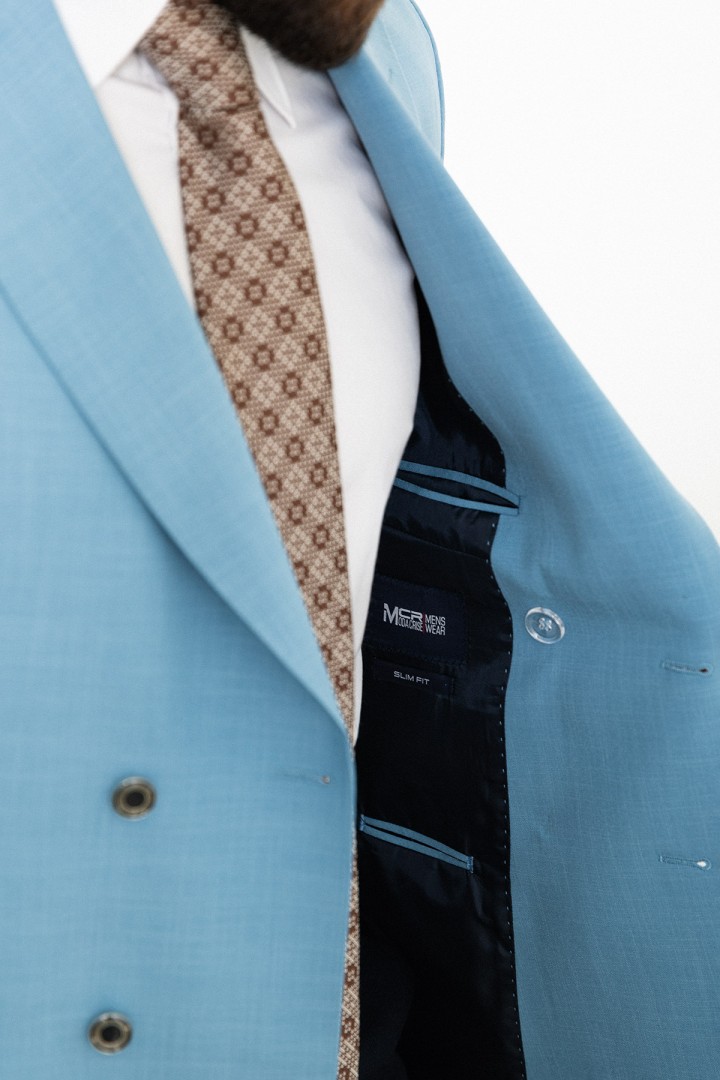 Blue Color Double Breasted Design Casual Linen Men's Blazer