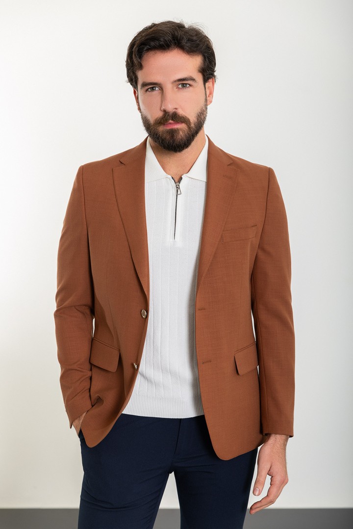 Tile Color Linen And Elastane Fabric With Mono Collar Detail Basic Men'S Blazer