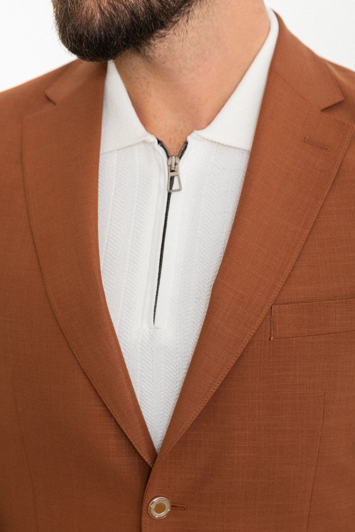 Tile Color Linen And Elastane Fabric With Mono Collar Detail Basic Men'S Blazer