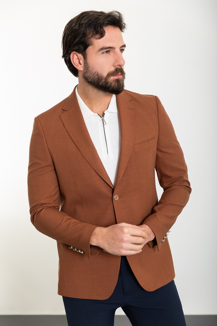 Tile Color Linen And Elastane Fabric With Mono Collar Detail Basic Men'S Blazer