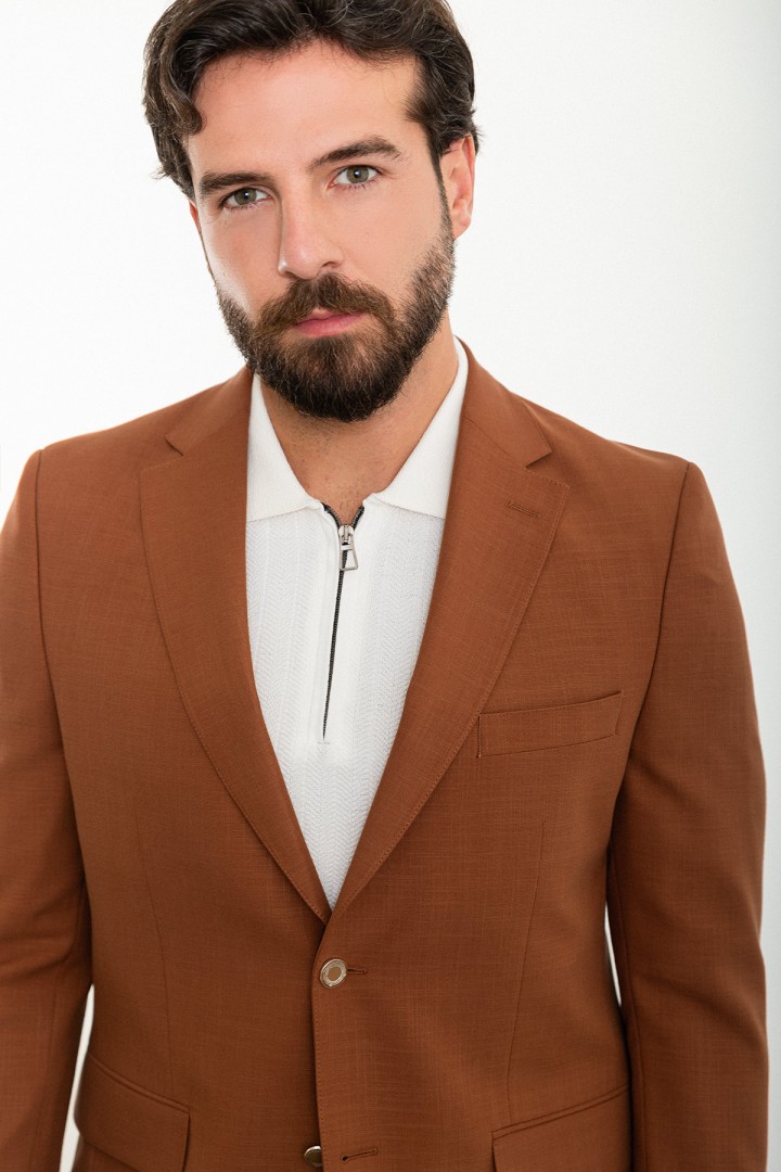 Tile Color Linen And Elastane Fabric With Mono Collar Detail Basic Men'S Blazer