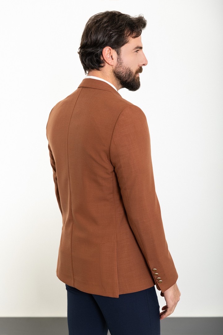 Tile Color Linen And Elastane Fabric With Mono Collar Detail Basic Men'S Blazer