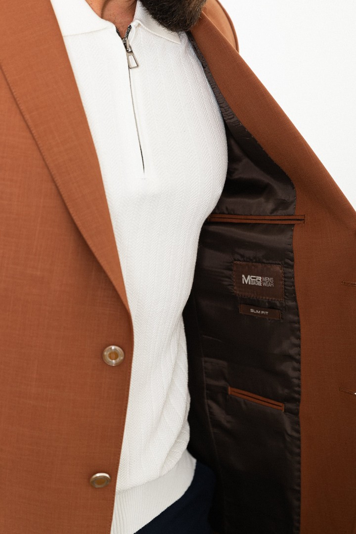 Tile Color Linen And Elastane Fabric With Mono Collar Detail Basic Men'S Blazer
