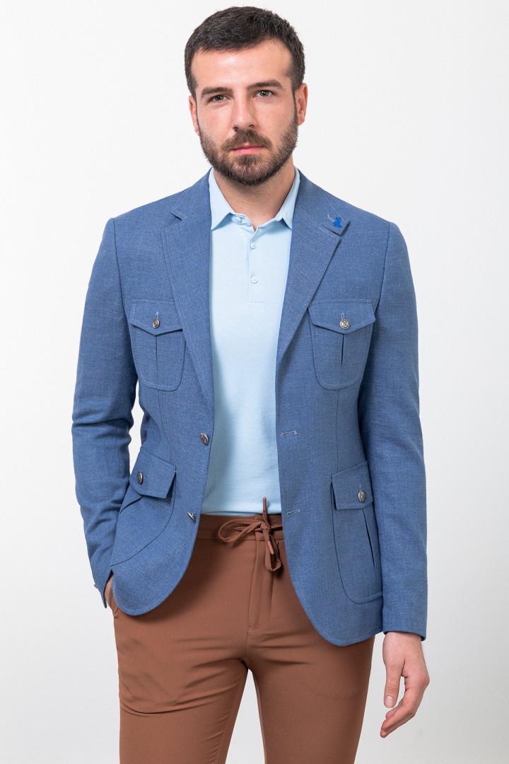 Indigo Color Viscose And Linen Fabric With Front Flap Pocket Detail Casual Men's Blazer