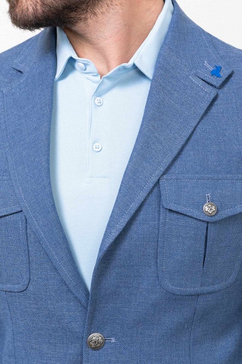 Indigo Color Viscose And Linen Fabric With Front Flap Pocket Detail Casual Men's Blazer