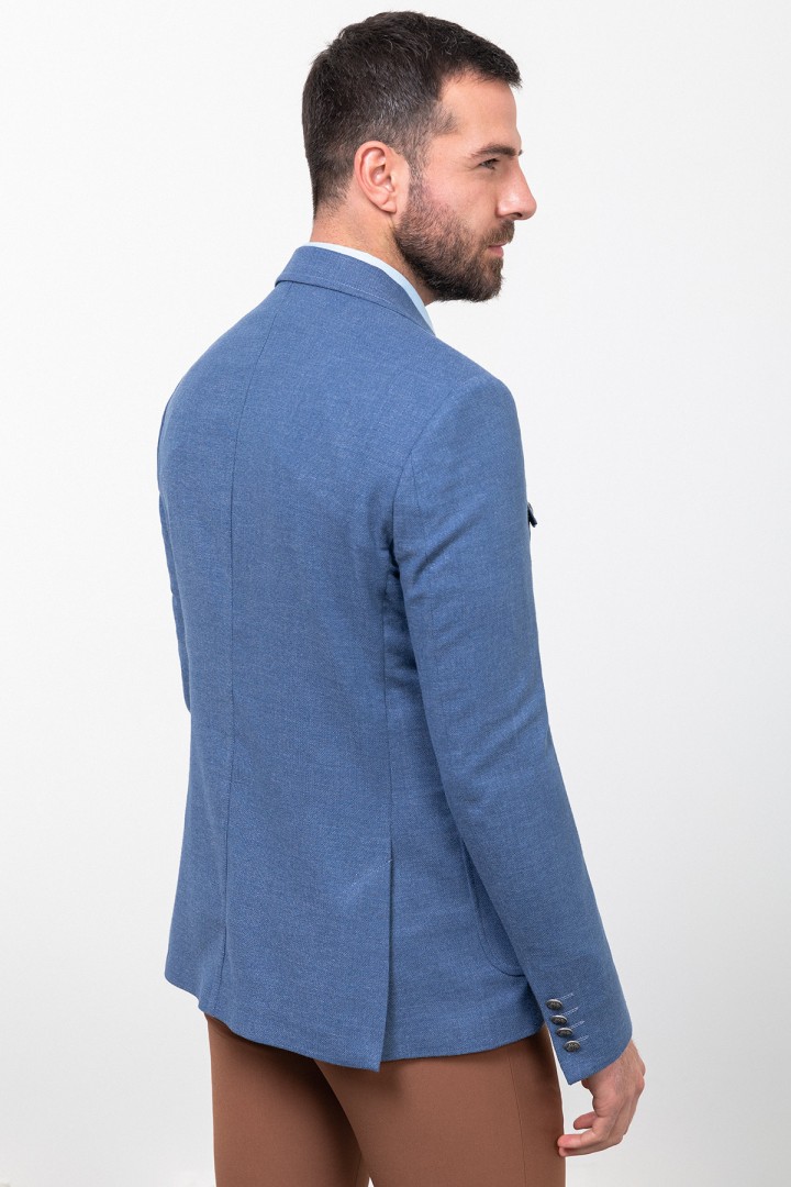 Indigo Color Viscose And Linen Fabric With Front Flap Pocket Detail Casual Men's Blazer
