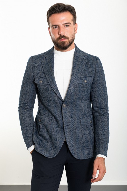 Dark Blue Color Flap Pocket Design Casual Wool Men's Blazer