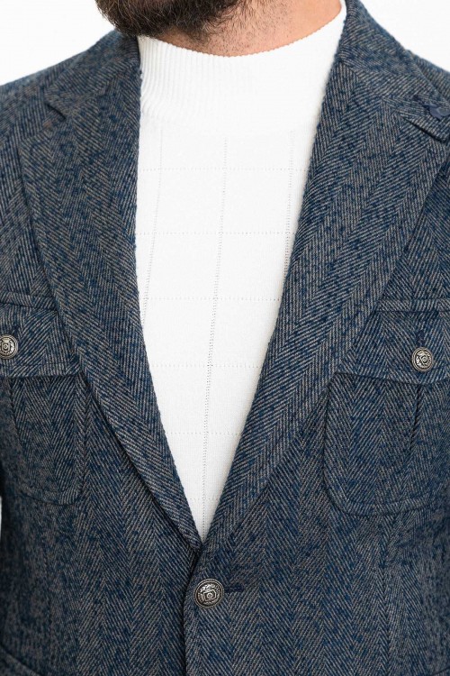 Dark Blue Color Flap Pocket Design Casual Wool Men's Blazer