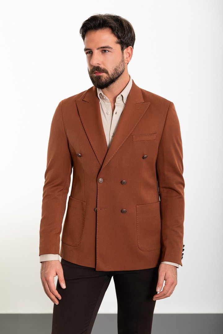 Tile Color Hanging Pocket And Double Breasted Design Classic Wool Men's Blazer