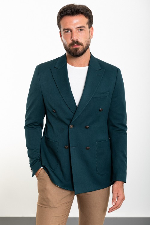 Emerald Color Double Breasted Design Casual Men's Wool Blazer
