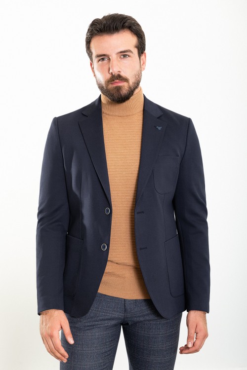 Dark Blue Color Hanging Pocket Design Casual Wool Men's Blazer