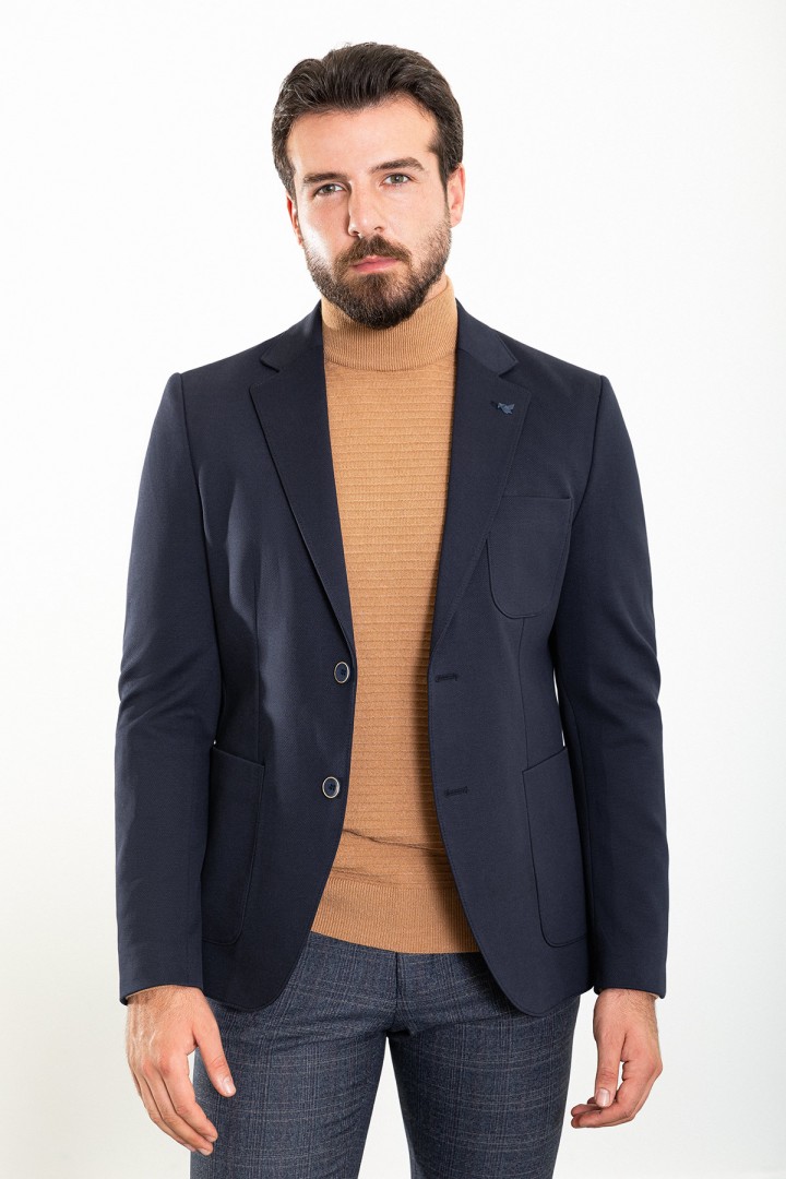 Dark Blue Color Hanging Pocket Design Casual Wool Men's Blazer