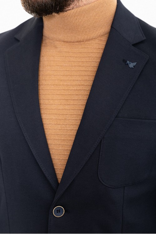 Dark Blue Color Hanging Pocket Design Casual Wool Men's Blazer