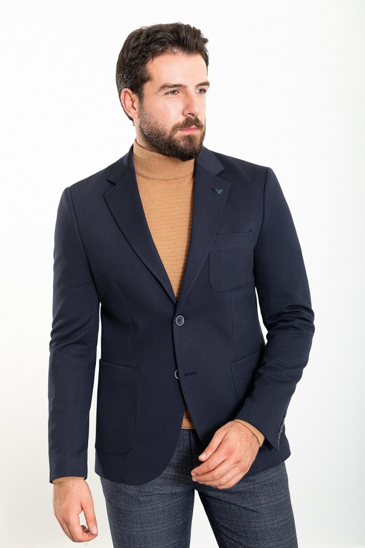 Dark Blue Color Hanging Pocket Design Casual Wool Men's Blazer