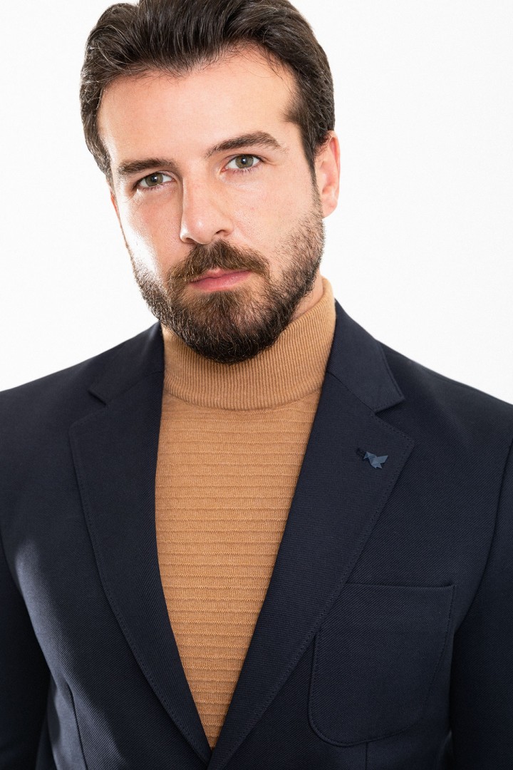 Dark Blue Color Hanging Pocket Design Casual Wool Men's Blazer